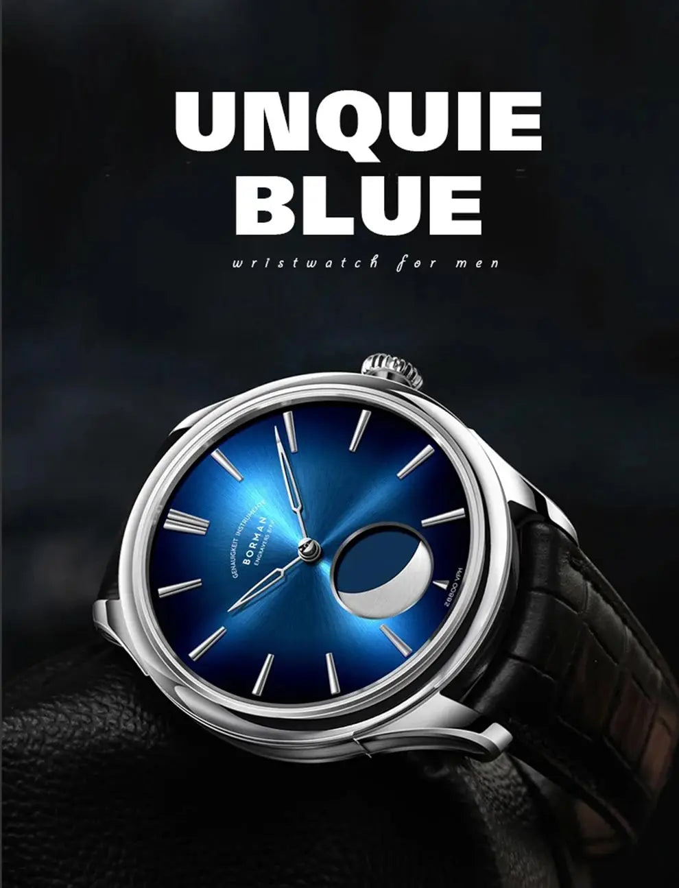 BORMAN 41.5mm 5ATM Waterproof Mechanical Watches Moon Phase Luxury Designer Men Dress Automatic Wristwatch