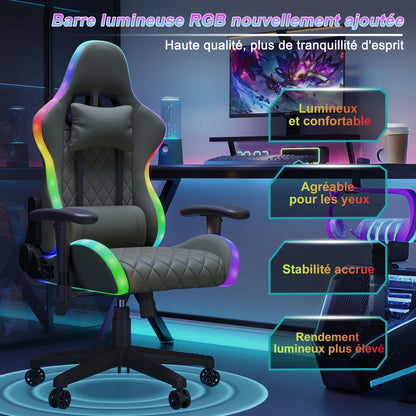 Rosahqnda Gaming Chair with Massage Function, Adjustable Office Chair, Gamer Chair with LED, Lumbar Cushion, Pillow, 150 KG