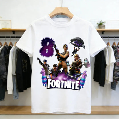 T-shirt de aniversário infantil Fortnites com número para menina e menino, roupa de verão em algodão para bebé, top de manga curta para festa, presente para criança pequena