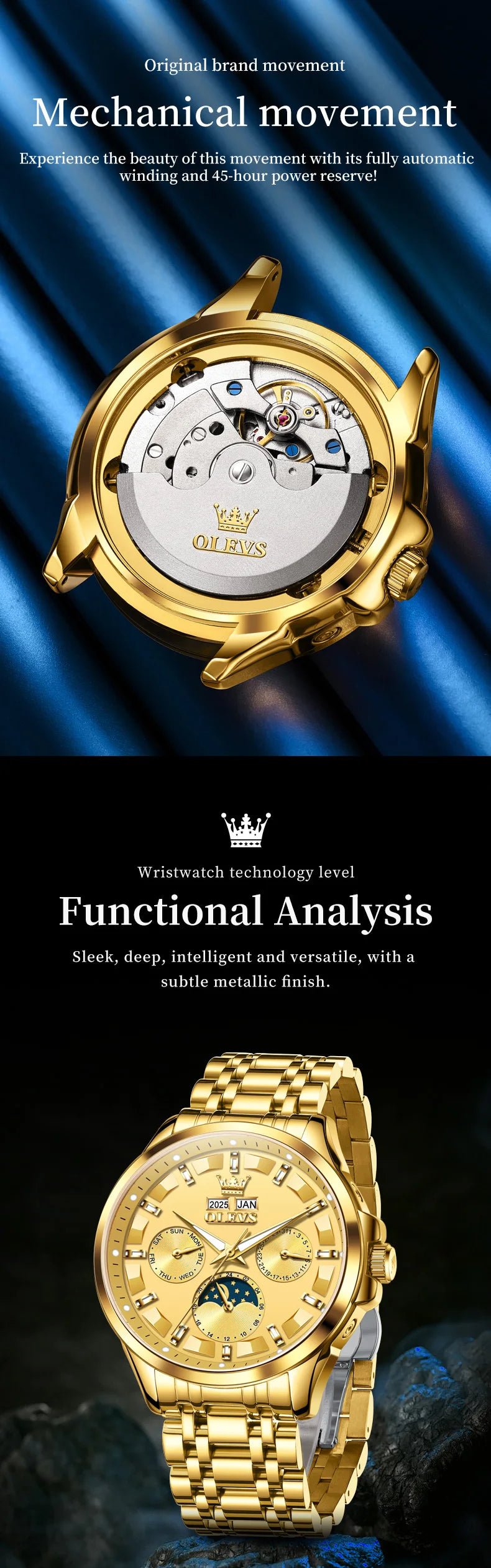 OLEVS 7070 Automatic Men's Watches Luxury Multi functional  Perpetual Calendar Moon Phase Luminous Mechanical Wristwatch For Man