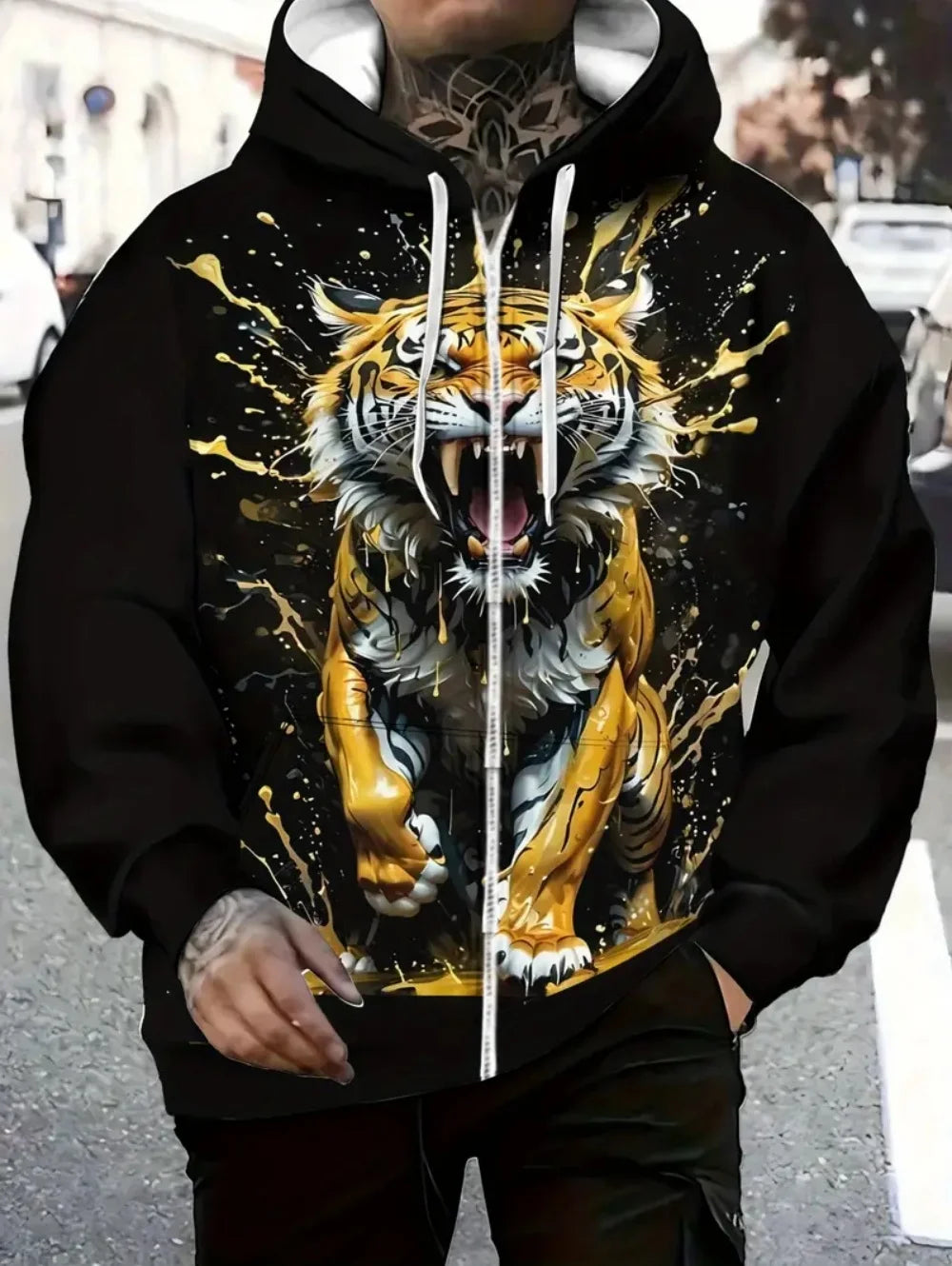 Sweatshirt com capuz e fecho para homem 2025, manga comprida, gráfico de tigre, estilo casual outdoor, com cordão e bolsos