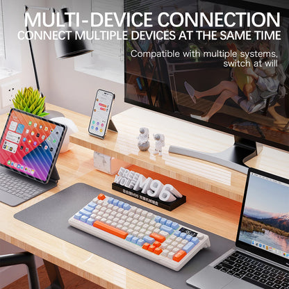 M96 Bluetooth Wireless Keyboard FREEWOLF Digital Display, RGB Backlight, 2000mAh Battery & PBT Keycaps for PC/Laptop