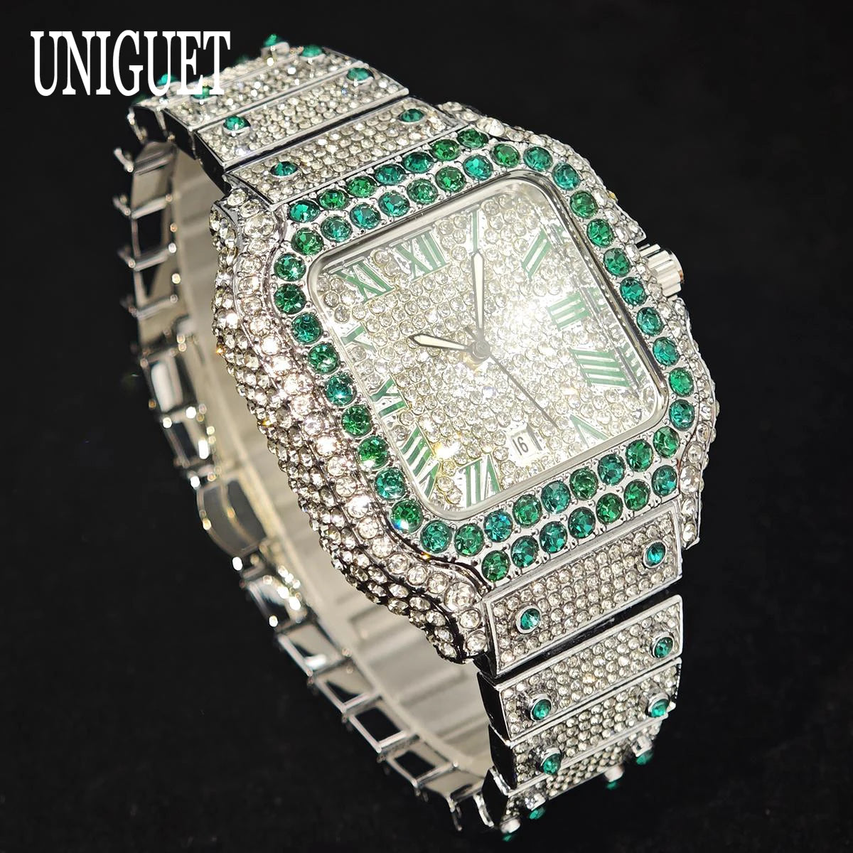 UNIGUET Big Diamond Watch Men Luxury Colored Roman Literal Watch Man Hip Hop Jewelry Bling Bling Square Wristwatch Dropshipping