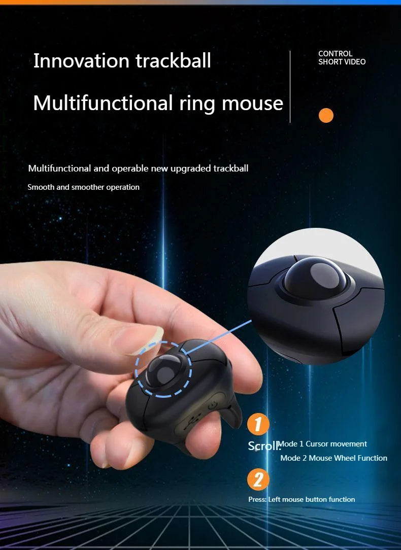 Novo Rato Trackball de Dedo em Anel 2.4G+Bluetooth Sem Fios com Controlo Remoto para Vídeos Curtos/PPT/Discursos/Ecrãs de Veículos