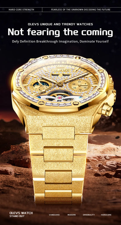 OLEVS 9805 Mens Watch Original Brand Tourbillon Automatic Mechanical Watch Diamond Dial Waterproof Moon Phase Watches For Men
