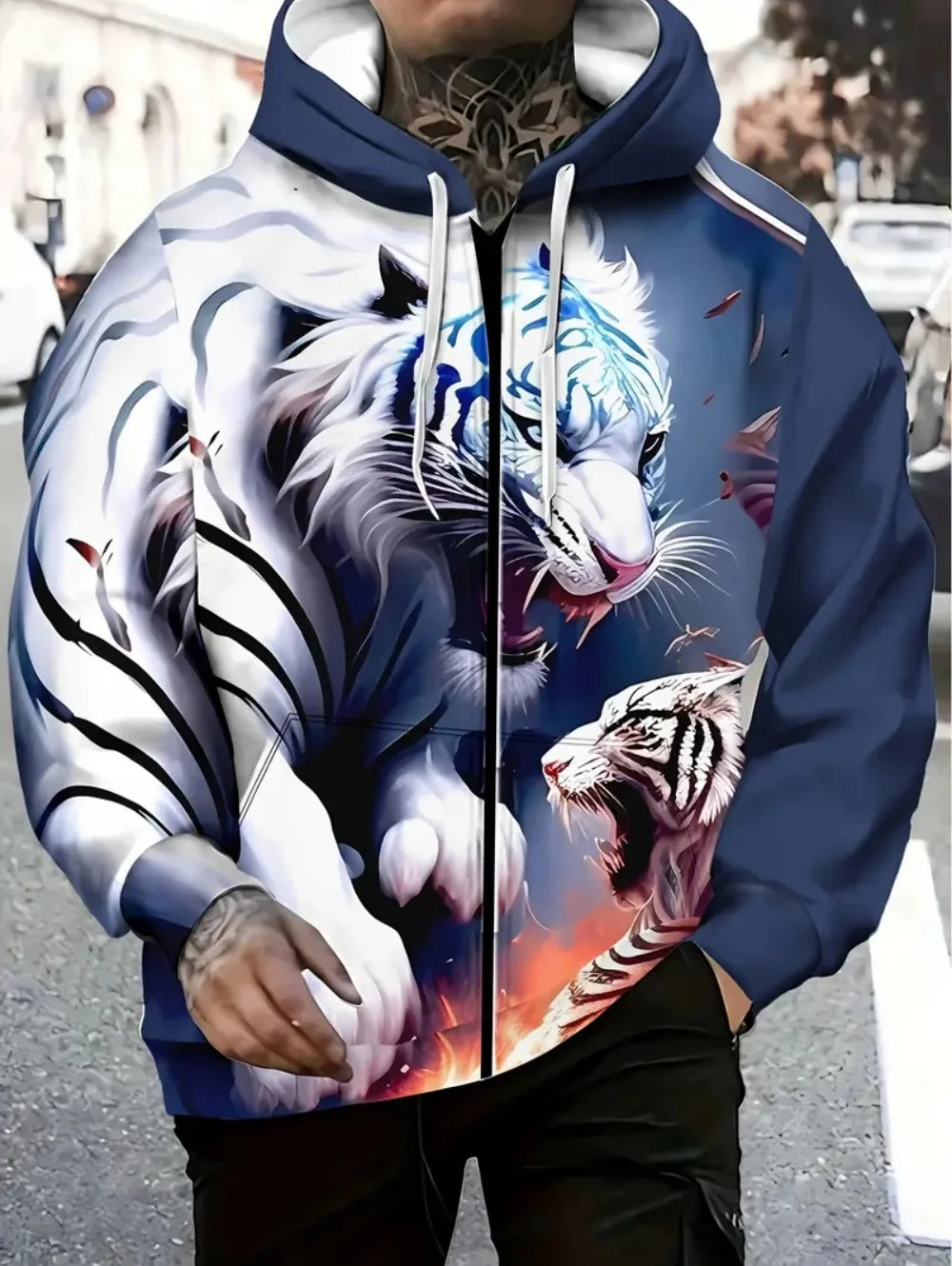 Sweatshirt com capuz e fecho para homem 2025, manga comprida, gráfico de tigre, estilo casual outdoor, com cordão e bolsos