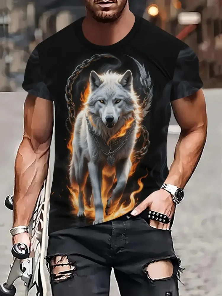 Fire Wolf Graphic 3D Print Men T-Shirt Summer Oversized Causal T-Shiet Men's Fashion Fitness Short Sleeve Clothing Tops Tees