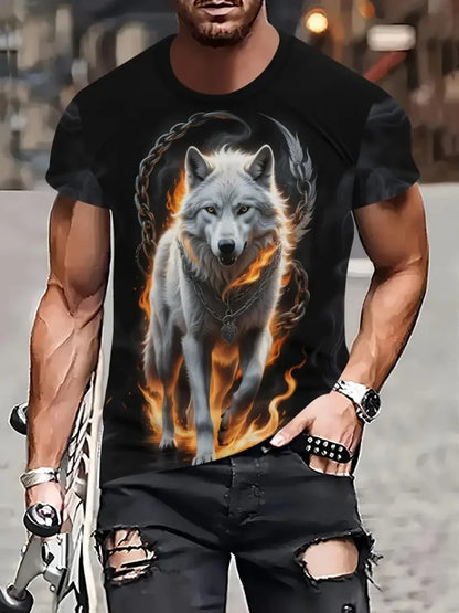 Fire Wolf Graphic 3D Print Men T-Shirt Summer Oversized Causal T-Shiet Men's Fashion Fitness Short Sleeve Clothing Tops Tees