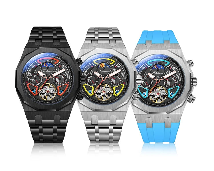 Top Brand Sport Watches with Tourbillon Stainless Steel Rubber Strap Multifunction Dial Automatic Watches Reloj Hombre New