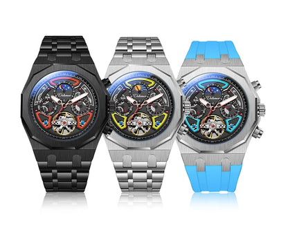 Top Brand Sport Watches with Tourbillon Stainless Steel Rubber Strap Multifunction Dial Automatic Watches Reloj Hombre New