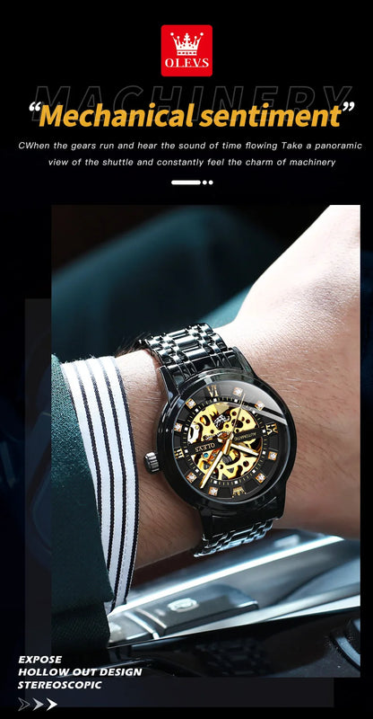 OLEVS 9901 Mens WatchLuxury Hollowing Mechanical Wristwatch Waterproof Luminous Stainless Steel Fashion Automatic Watch For Man