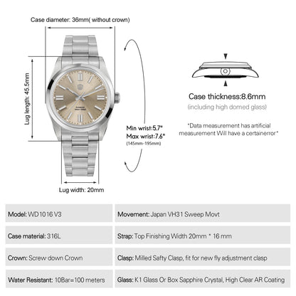Watchdives WD1016 V3 Watch 37mm VH31 Sweep Quartz Movemet Stainless Steel Watch Waterproof Luminous Sapphire Men Wristwatch