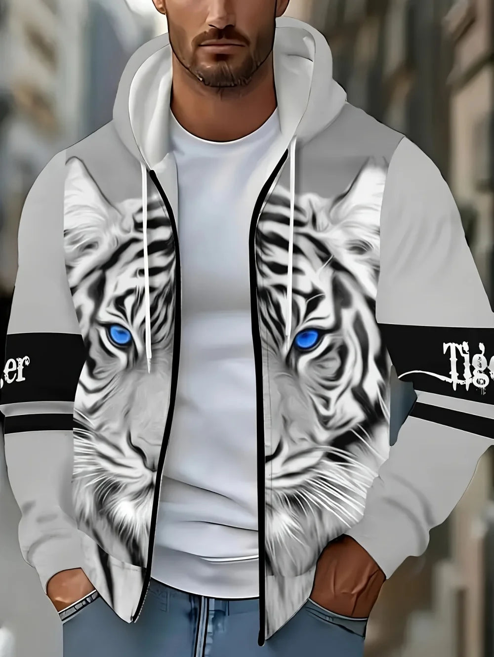 Sweatshirt com capuz e fecho para homem 2025, manga comprida, gráfico de tigre, estilo casual outdoor, com cordão e bolsos