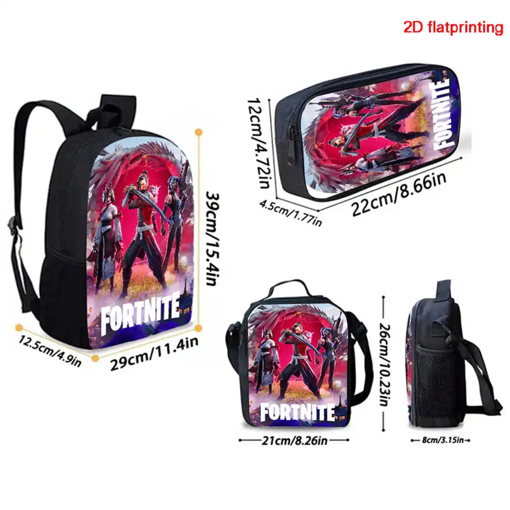 Conjunto Fortnite Cartoon de 3 peças, grande capacidade, adequado para rapazes e raparigas dos 5 aos 8 anos, inclui mochila, lancheira e estojo