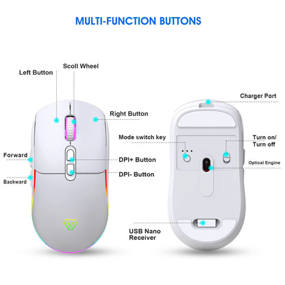 Rato Tri-Mode 2.4G sem fios/Bluetooth/com fios, DPI ajustável em 6 níveis, bateria de 500mAh, iluminação RGB, rato de gaming e eSports com macro para escritório