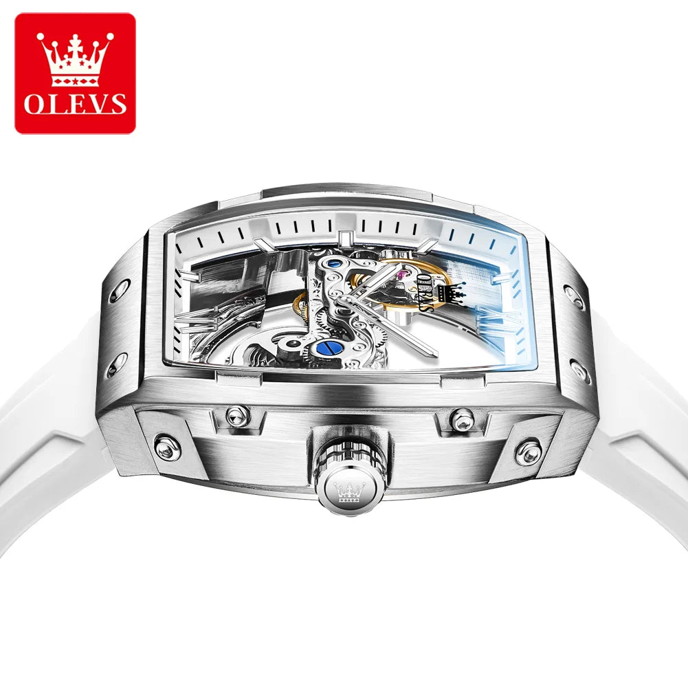  OLEVS Automatic Men Watch White Rubber Strap Mechanical Tourbillon Watches Men Luminous Watches Waterproof