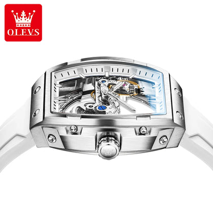  OLEVS Automatic Men Watch White Rubber Strap Mechanical Tourbillon Watches Men Luminous Watches Waterproof