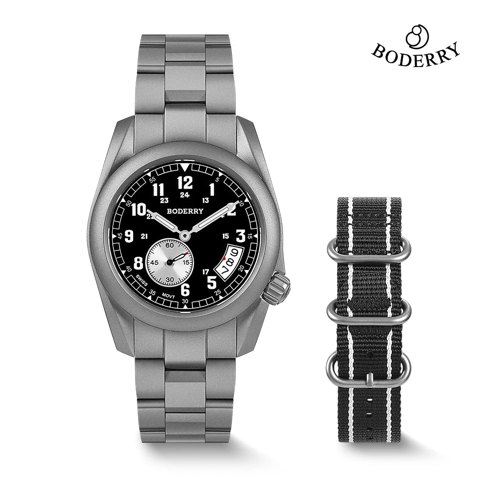 Boderry Field Watch Titanium Quartz Watches VOYAGER 38 Mens 100M Waterproof Clock Military Sport Luminous Business Wristwatch