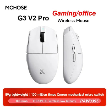 Rato sem fios eSports MCHOSE G3 V2 Pro leve, três modos, Bluetooth, PAW3395 de alto desempenho, 800mAh, gaming e escritório, 59g