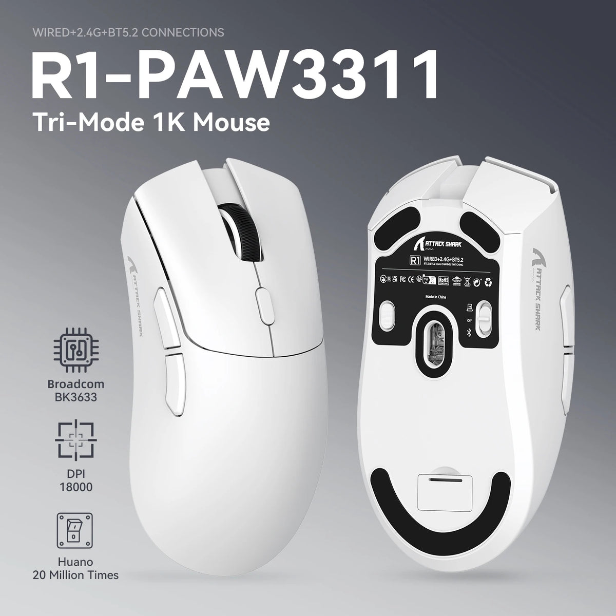 ATTACK SHARK R1 Tri-Mode Gaming Mouse, 59g Ultralight Wireless Gaming Mouse, PixArt PAW3311 Sensor, 18000 DPI, Bluetooth, 2.4GHz & Wired RGB Gaming Mouse