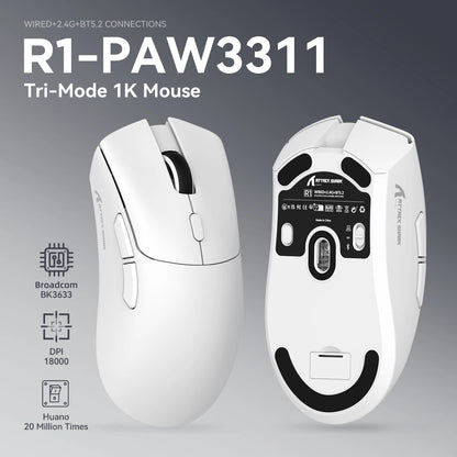 ATTACK SHARK R1 trostruki gaming miš, PixArt PAW3311 senzor, 18000 DPI, 1000hz, 59g, ultralagan za velike ruke, za PC/Mac