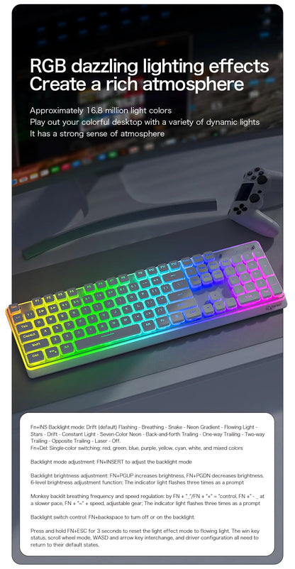 Freewolf M104 Tri-Mode Wireless Keyboard RGB 104 Keys Ultra Slim Quiet Membrane 4000mAh Large Battery for Office & Home