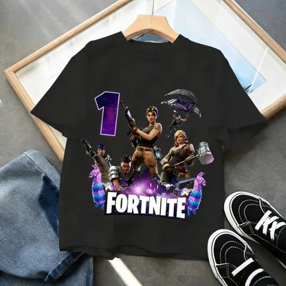 T-shirt de aniversário infantil Fortnites com número para menina e menino, roupa de verão em algodão para bebé, top de manga curta para festa, presente para criança pequena