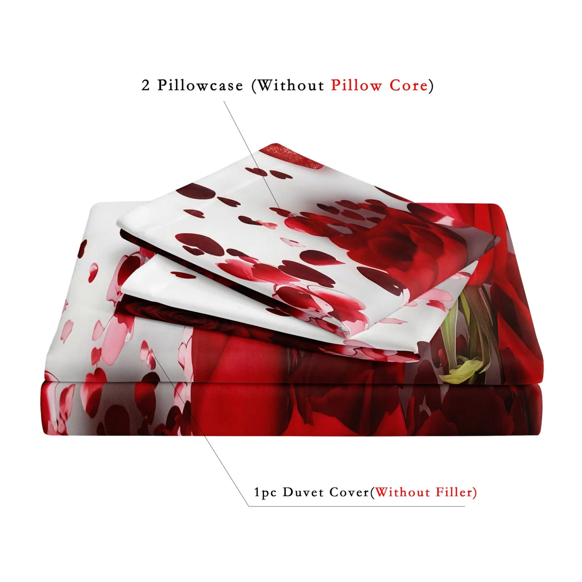 3Pcs Romantic Love Letter Red Rose Flower Pattern Bedding Set Included 1 Duvet Cover & 2 Pillowcases For Home Dorm Hotel Decor