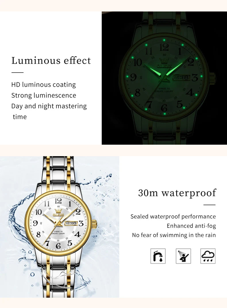 OLEVS 2891 Luxury Brand Fashion Women's Watches Waterproof Luminous Quartz Watch Dual Calendar Stainless Steel Strap Wristwatch