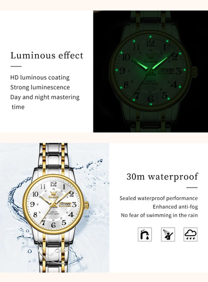 OLEVS 2891 Luxury Brand Fashion Women's Watches Waterproof Luminous Quartz Watch Dual Calendar Stainless Steel Strap Wristwatch