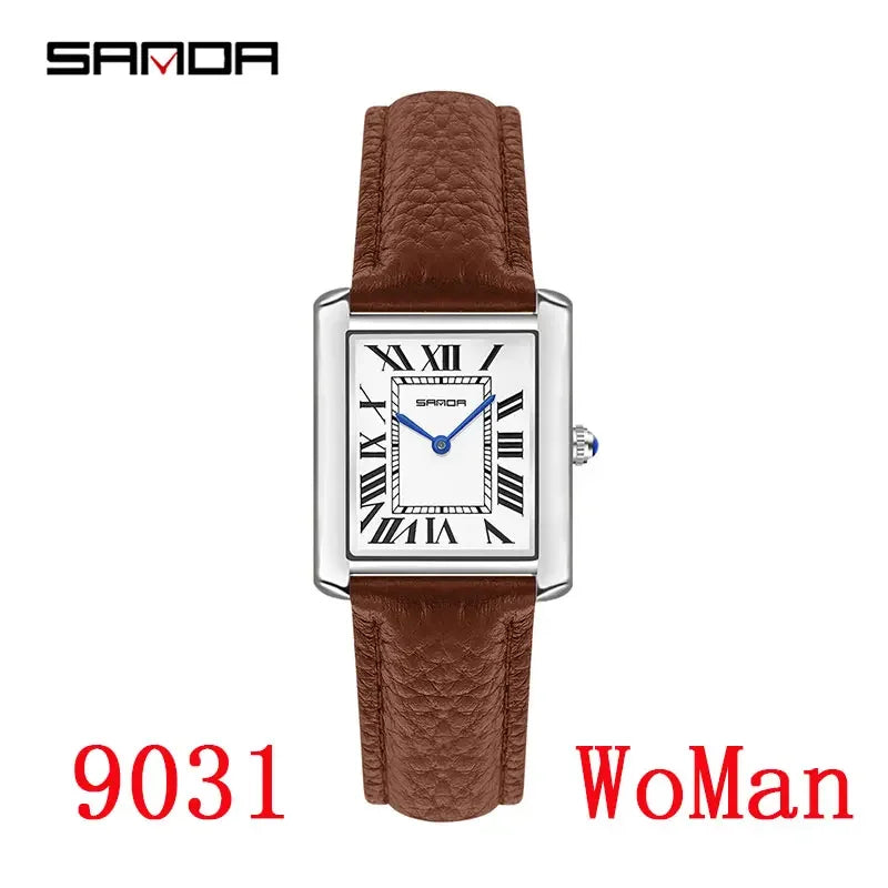 SANDA New Couple Tank Watches Wear Resistant Leather Strap Luxury Square Dial Waterproof Sports Casual Men Women Quartz Watches