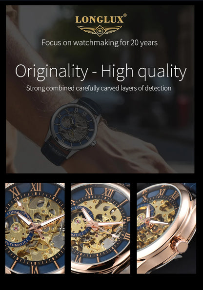 LONGLUX automatic watch rome wholesale mechanical wristwatches waterproof hollow leather mens watch men gift