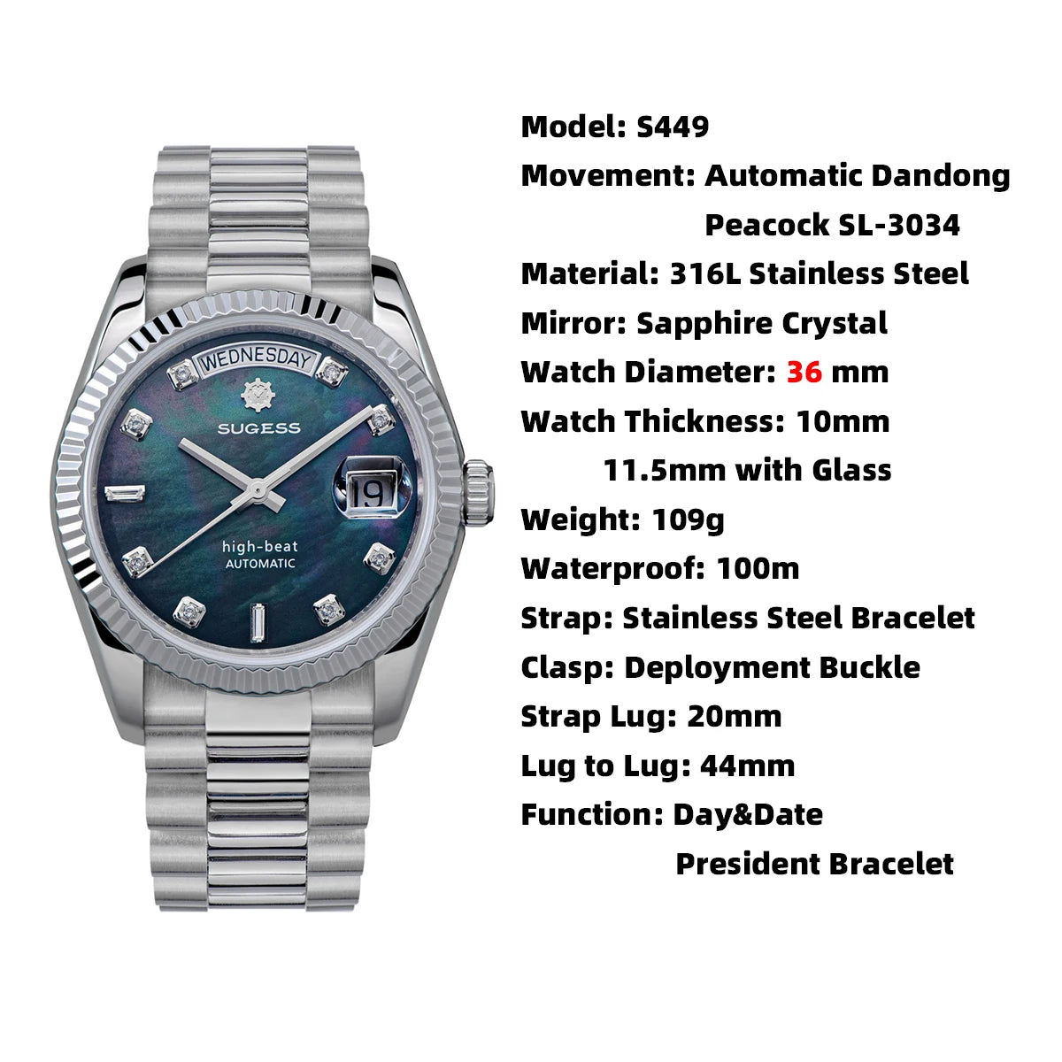 Sugess 36mm Mens of Watch Automatic Dandong Peacock SL3034 Day Movement Sapphire Glass 100m Waterproof Wristwatches MOP Date New