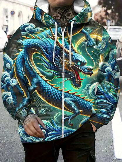 Mens Dragon Print Zipper Hoodie Outdoor Activities Travel Drawstring Long Sleeve Hoodies Autumn Winter Oversize Man Sweatshirts