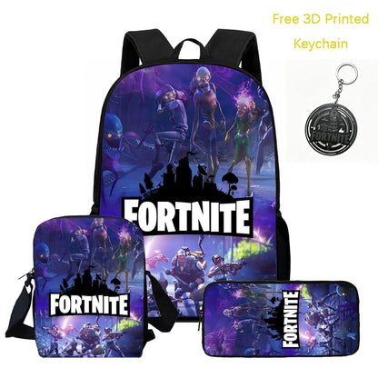 Conjunto de mochila infantil 3 peças, mala a tiracolo e estojo, mala FORTNITE com desenhos, leve para meninos e meninas dos 5 aos 10 anos, porta-chaves 3D impresso grátis
