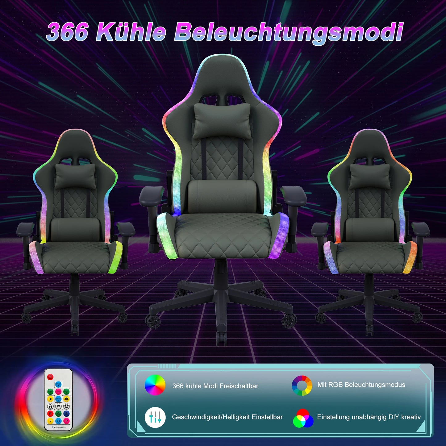 Gaming Chair with Massage Function, Adjustable Backrest, Computer Chair, with Ambient Light, Lumbar Cushion, Pillow, 150 KG