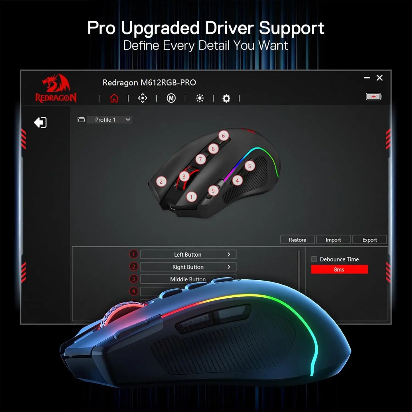 Rato Gaming Redragon M612 PRO BT & 2.4RGB, 8000 DPI, Ótico com/sem Fios, 11 Botões Programáveis e 6 Modos de Retroiluminação
