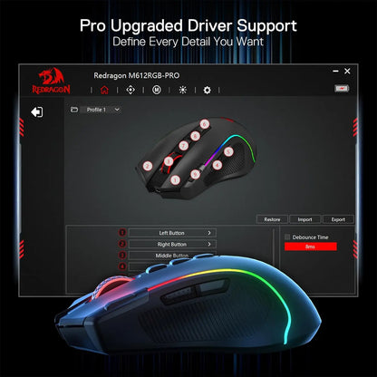 Rato Gaming Redragon M612 PRO BT & 2.4RGB, 8000 DPI, Ótico com/sem Fios, 11 Botões Programáveis e 6 Modos de Retroiluminação