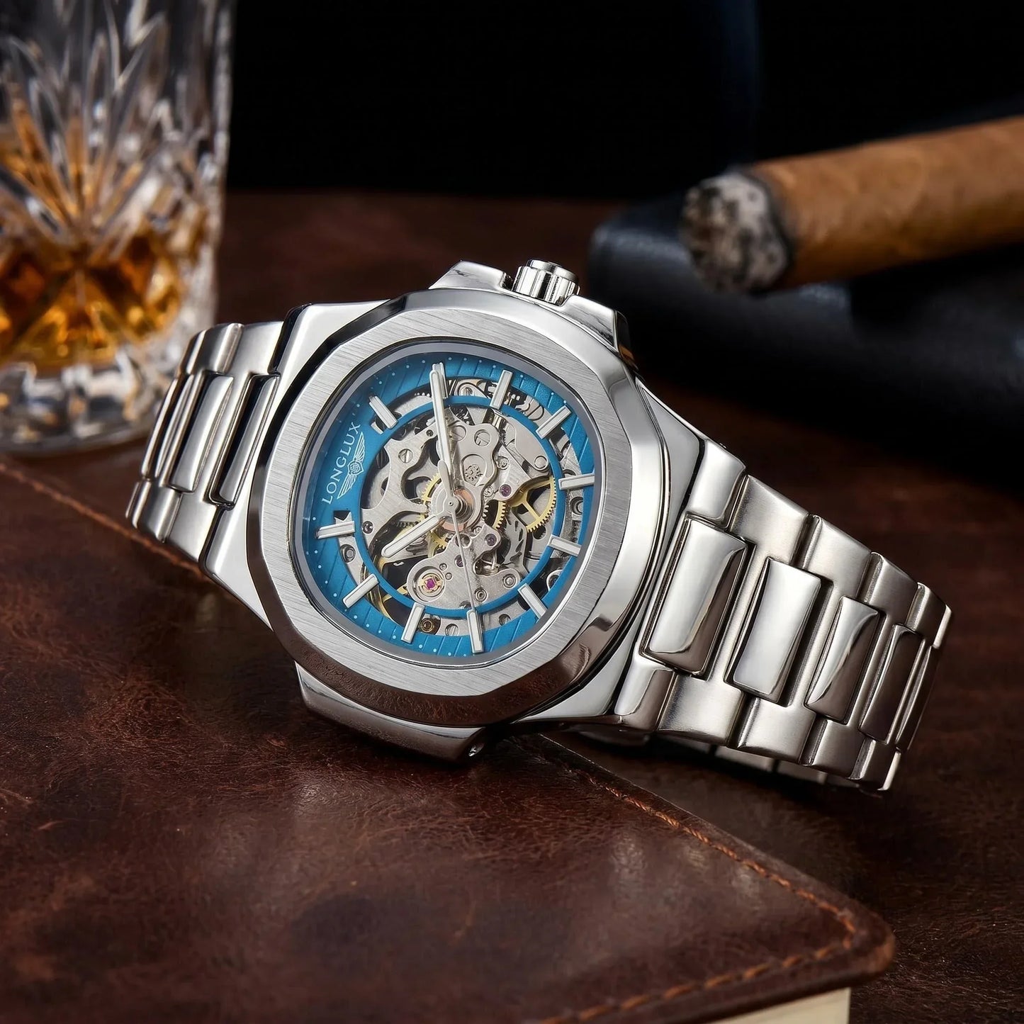 LONGLUX Men automatic mechanical watch luxury watches waterproof skeleton business cheap wholesale stainless steel gift watch