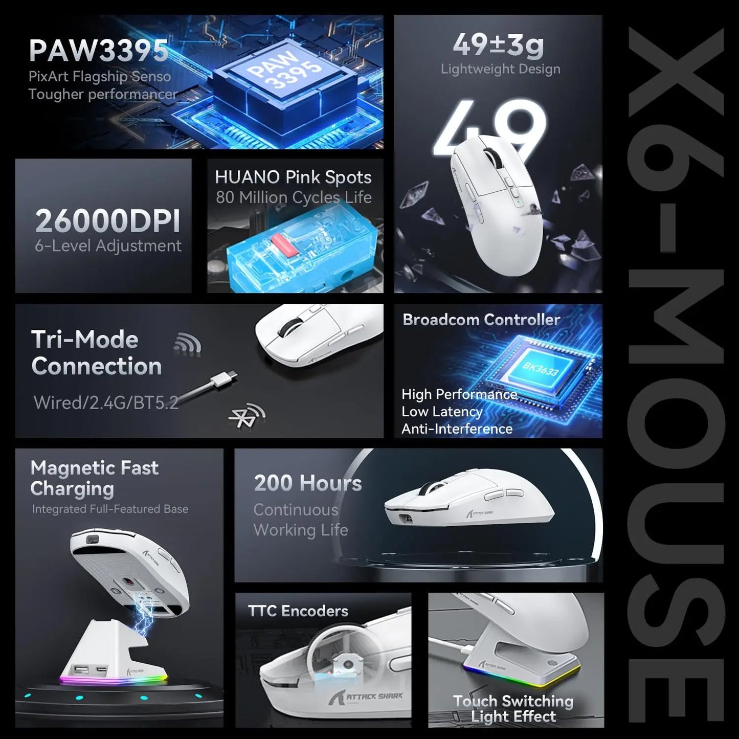 ATTACK SHARK X6 Superlight Gaming Mouse with Charging Dock, 49g Wireless Gaming Mouse, PixArt PAW3395 Sensor, Tri-Mode BT/2.4G/Wired, 26000 DPI