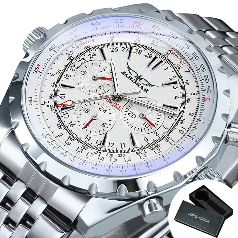 JARAGAR Men’s Luxury Automatic Mechanical Watch  Military Sport Design, Multifunction Dial & Leather Strap