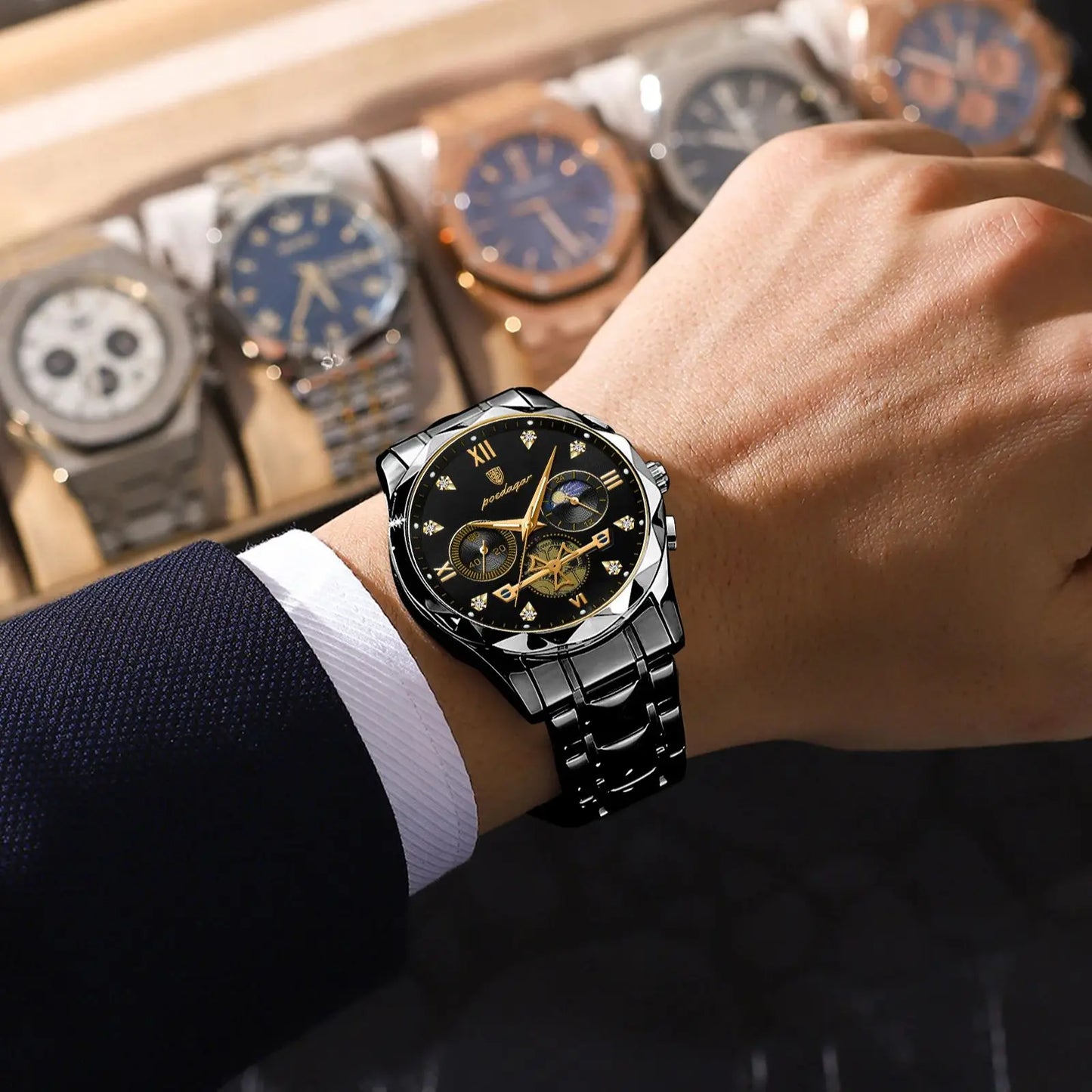 POEDAGAR Top High Quality Man Wristwatch Stainless Steel Chronograph Business Men Watch Waterproof Luminous Quartz Men's Watches