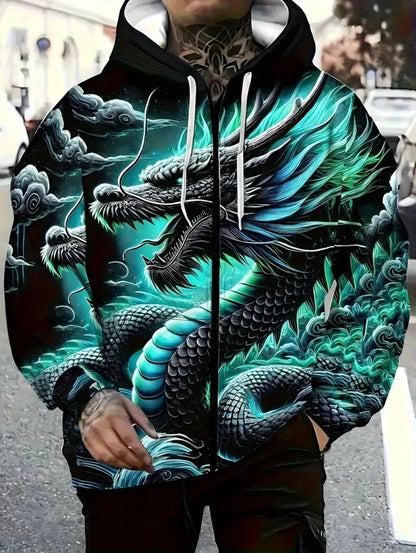 Mens Dragon Print Zipper Hoodie Outdoor Activities Travel Drawstring Long Sleeve Hoodies Autumn Winter Oversize Man Sweatshirts