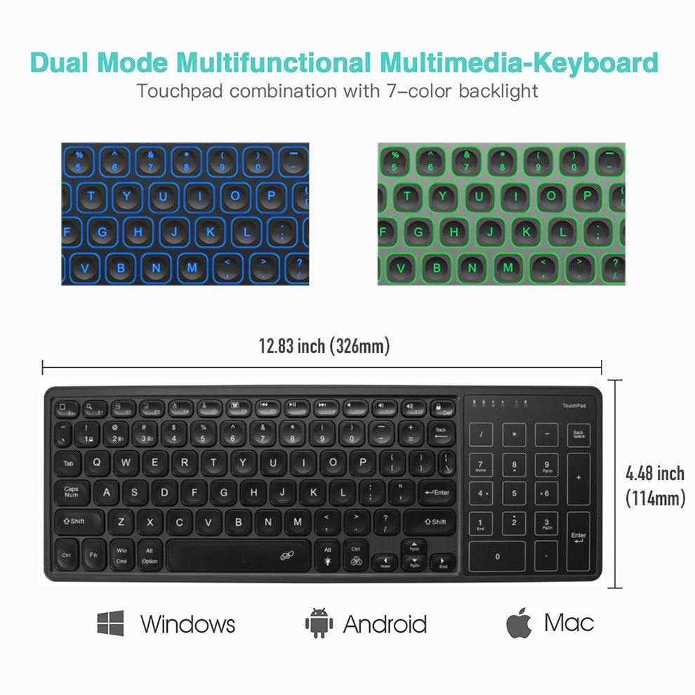 Backlit 7-Colors Bluetooth Keyboard with Touchpad 2.4G Wireless Multimedia Rechargeable Keyboard for Laptop PC Tablet