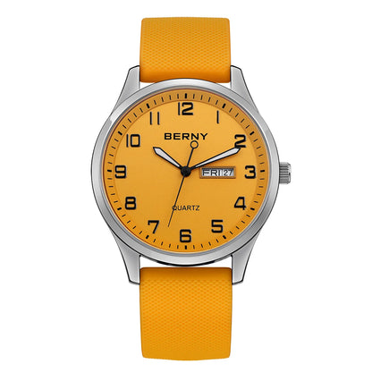BERNY Men's Watches Luminous Calendar Week Quartz Men Watch Casual Soft Silicone Strap Easy Read Big Dial Sports Wristwatch