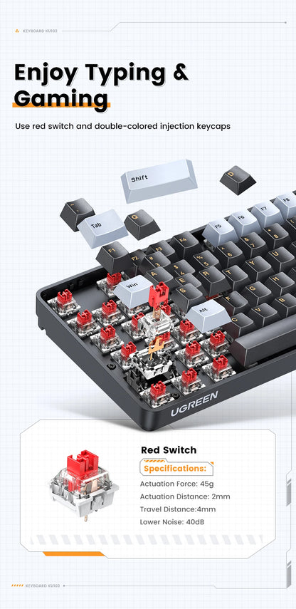 Teclado Mecânico UGREEN 108 Teclas PBT Teclado com Fio Switch Red Russo/Coreano/EN para Desktop Portátil Windows Mac OS Gaming