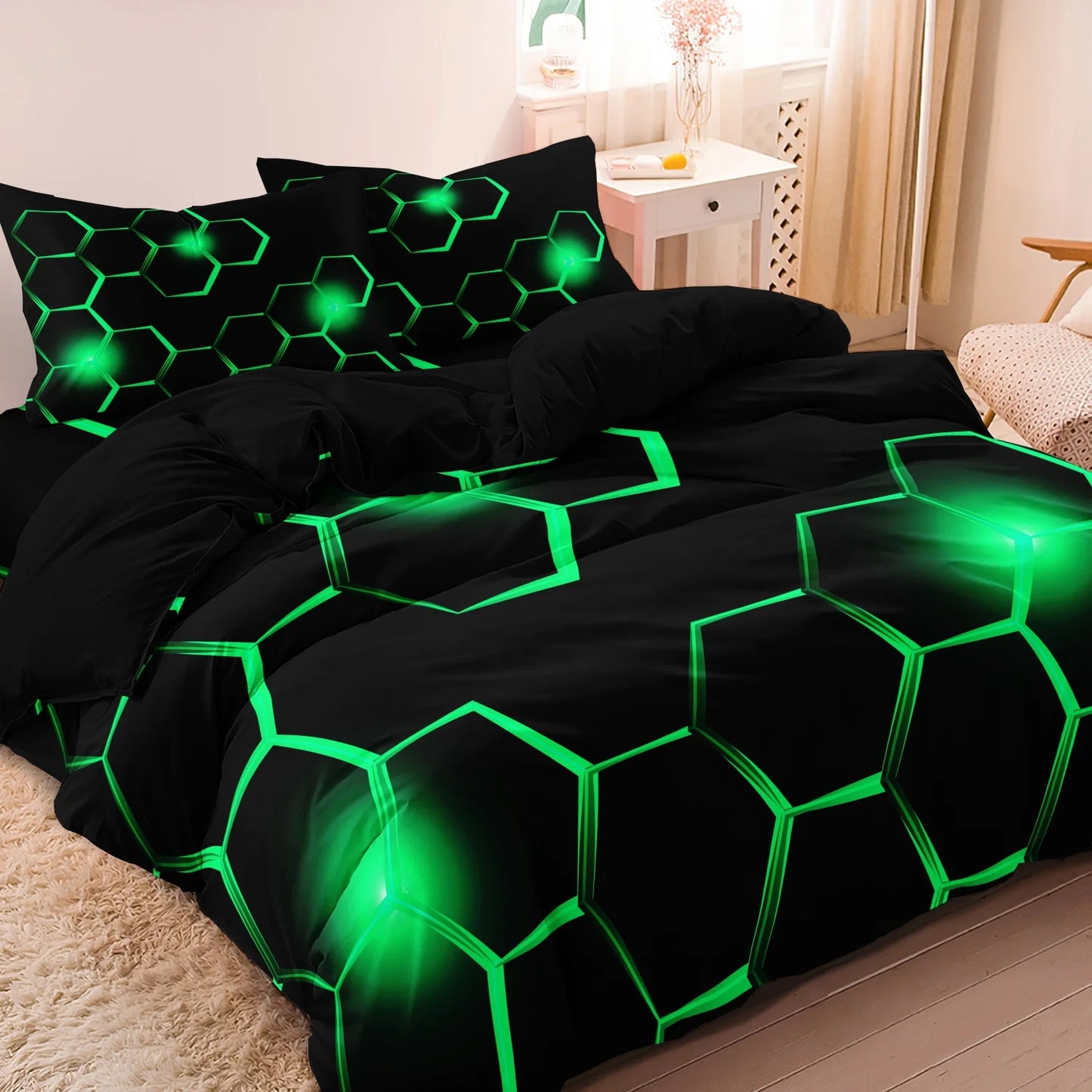 3pcs Geometric 3D Hexagonal Honeycomb Pattern Duvet Cover Set, Digital Print Colorful Polyester Bedding with Zipper Closure