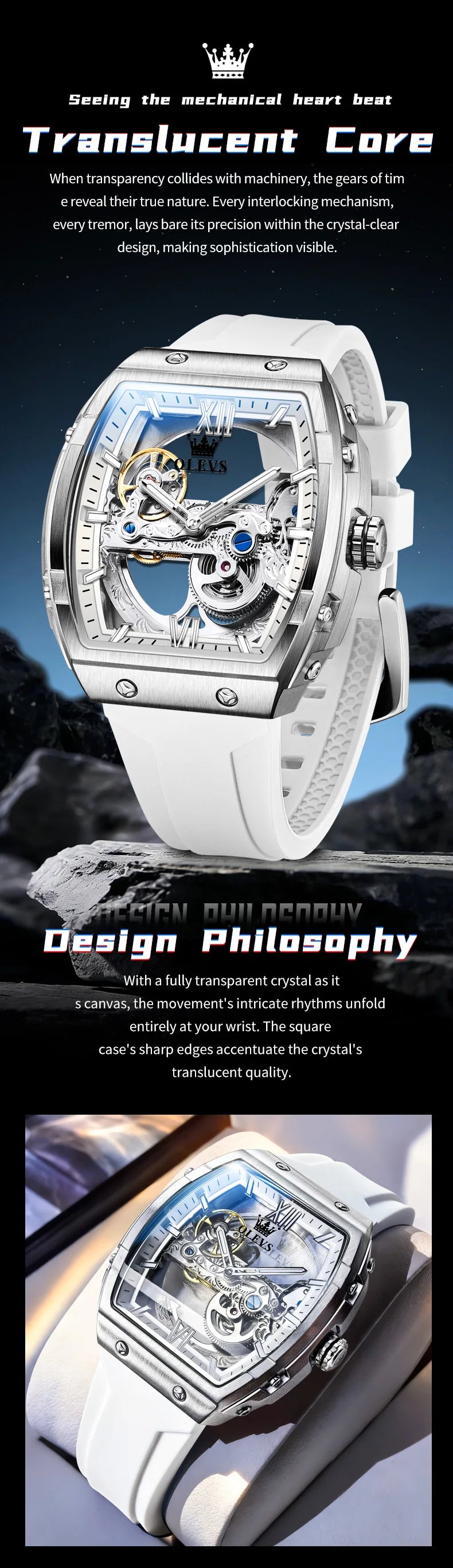  OLEVS Automatic Men Watch White Rubber Strap Mechanical Tourbillon Watches Men Luminous Watches Waterproof