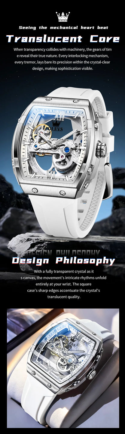  OLEVS Automatic Men Watch White Rubber Strap Mechanical Tourbillon Watches Men Luminous Watches Waterproof