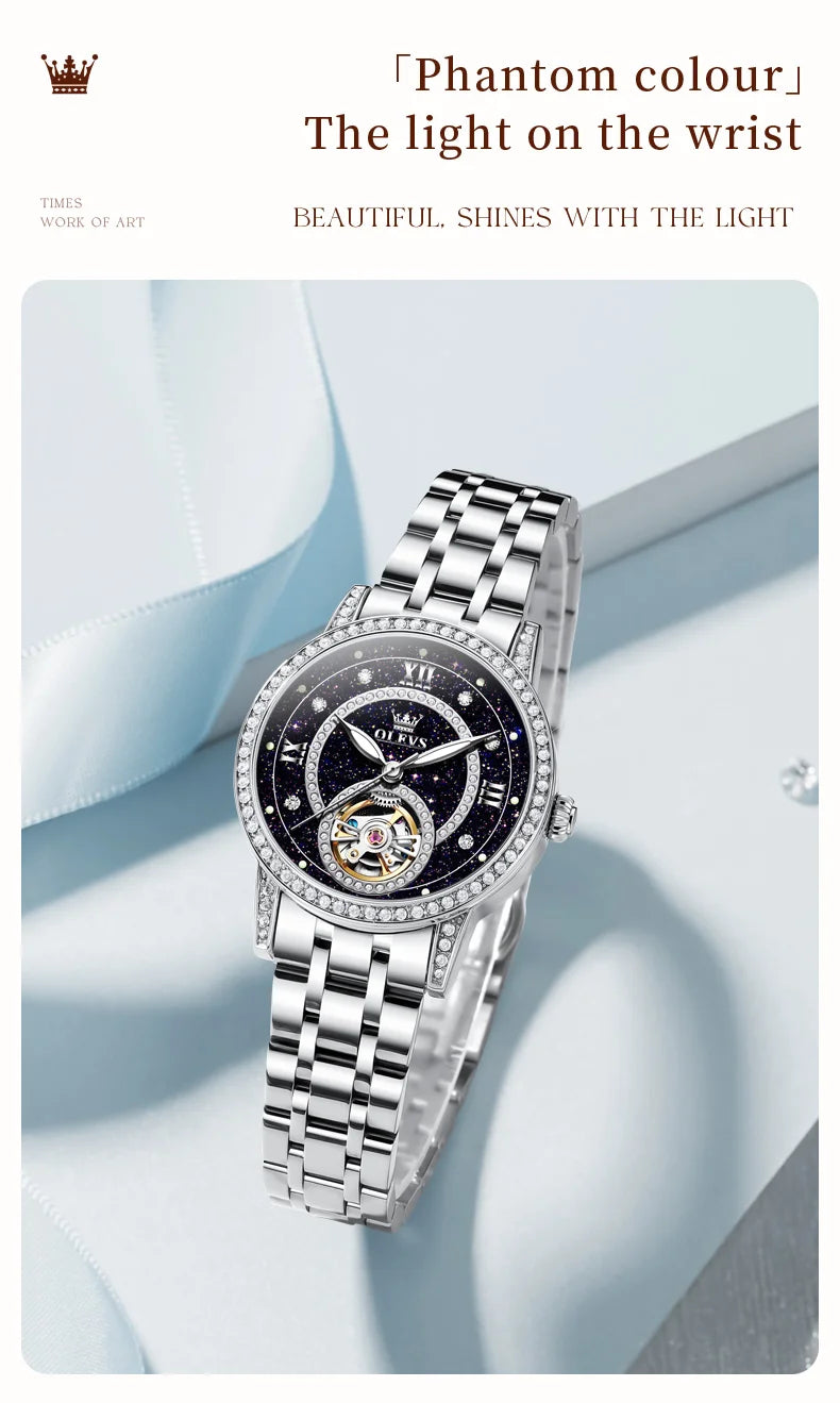 OLEVS Brand Fashion Women Mechanical Watches Starry Sky Dial Diamond Automatic Wristwatch Ladies Waterproof Luminous Clock Women